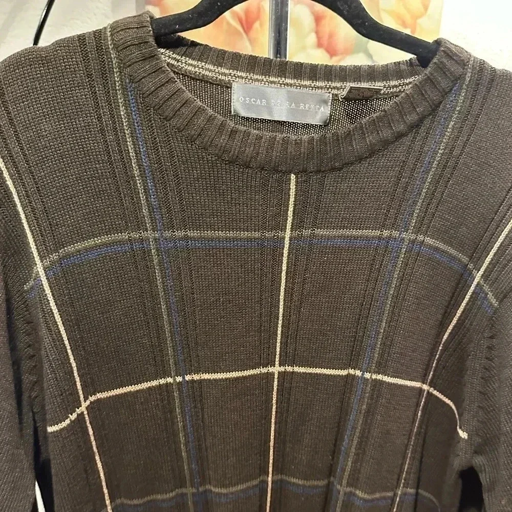 Oscar De La Renta Mens Brown/gray Check Long Sleeve Knit Pullover Sweater Size L
